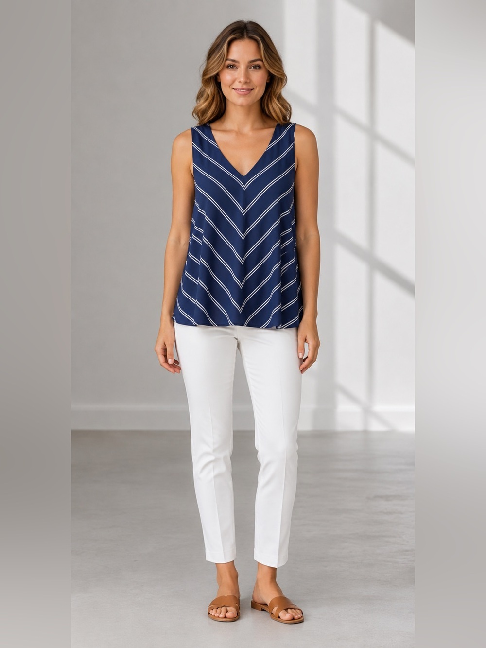 Cynthia Rowley Striped V-Neck Sleeveless Blouse Navy White Size L